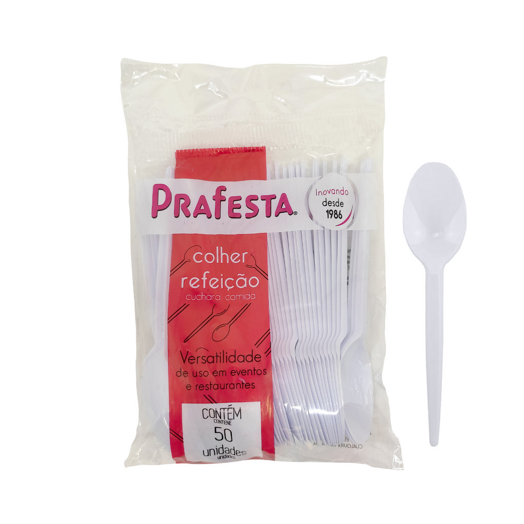PRAFESTA COLHER REFEICAO BRANCO C/50 em Oferta na Shopee