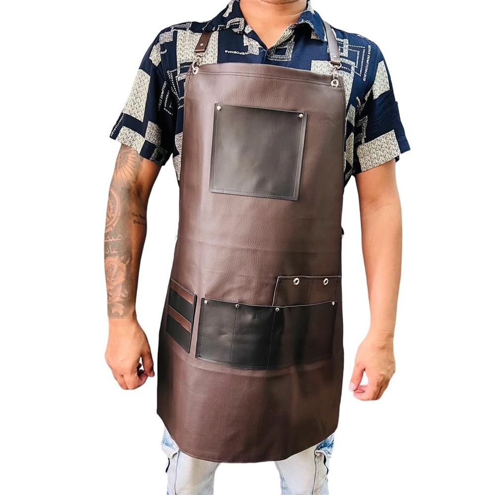 Avental De Couro Marrom com Bolsos Preto Multiuso para Barbeiro e Cabelereiro cod 1880