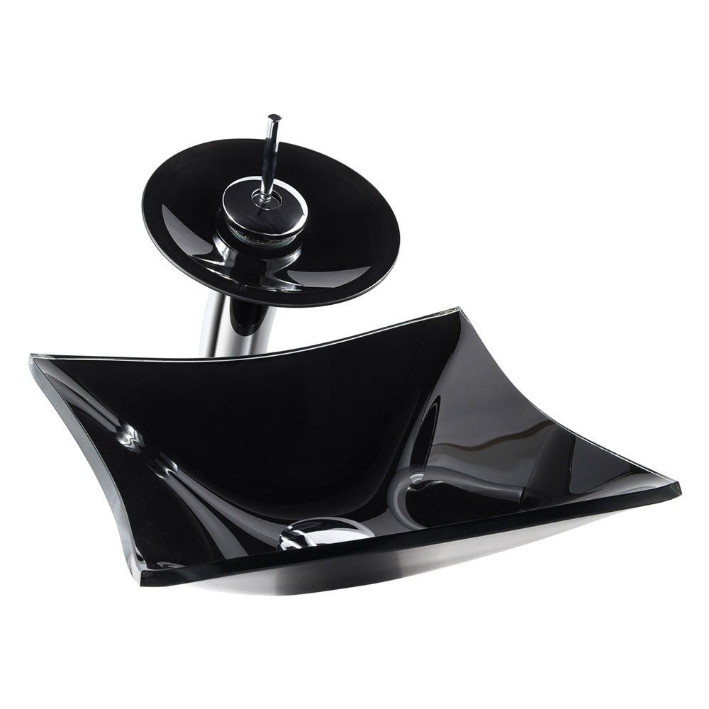 CONJUNTO CUBA BANHEIRO LAVABO QUADRADA 30CM VIDRO + TORNEIRA CASCATA E VÁLVULA CLICK INOX