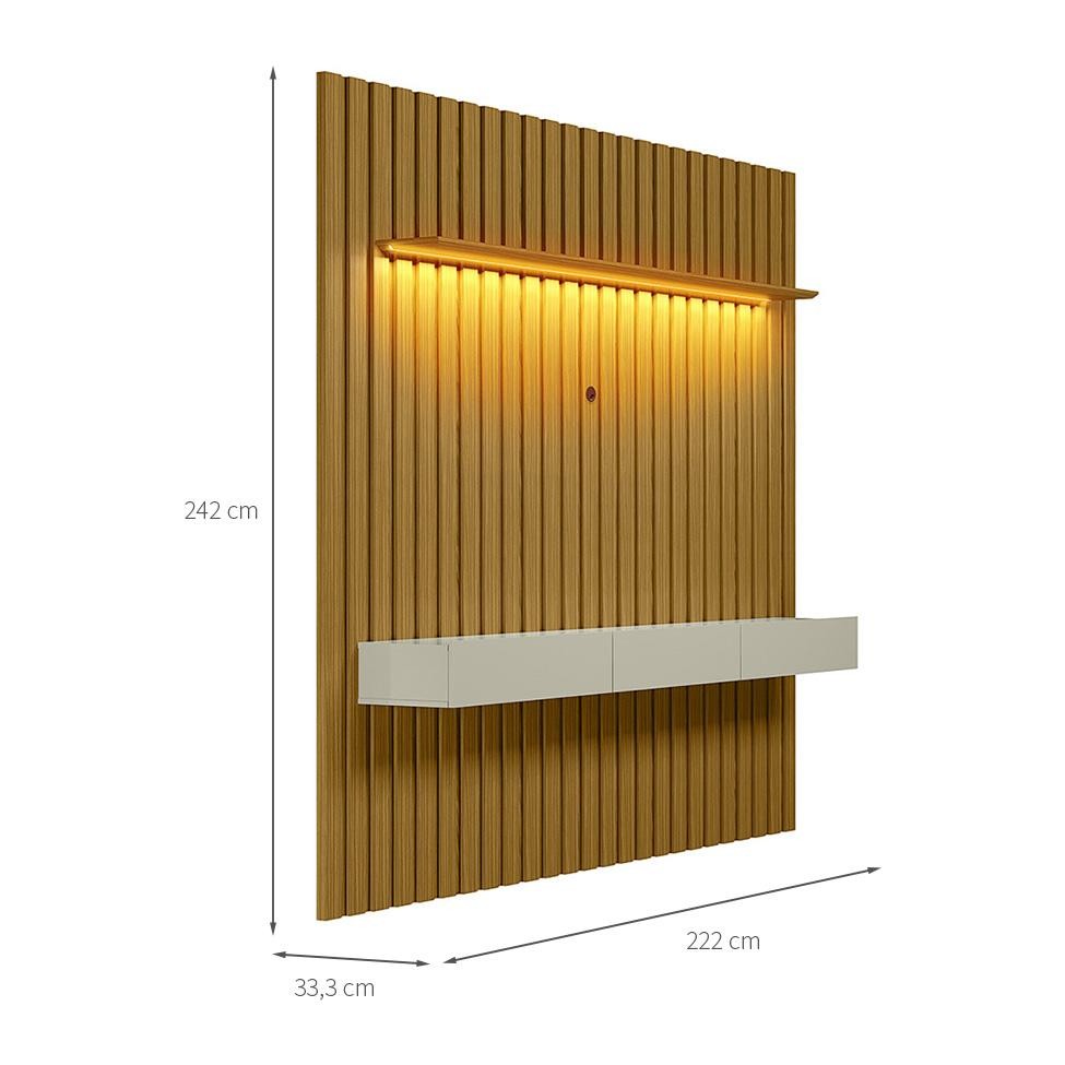 Detalhes do Painel Ripado com Rack Suspenso até 70 Polegadas Tulum com LED 1 PT 2 GV Cedro e Off White Alt 242 Larg 222 cm