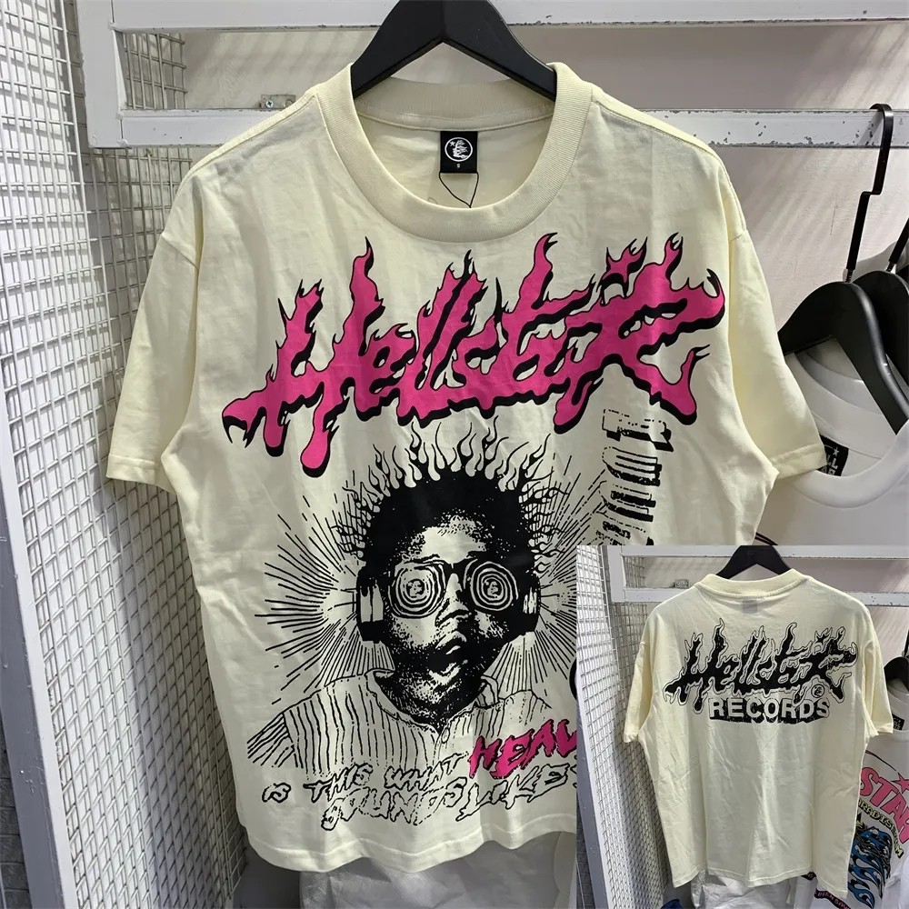 2025 High Street Hellstar New Vintage Print Hip Hop Casual Camiseta Manga Curta Gola Redonda Casal em Oferta na Shopee