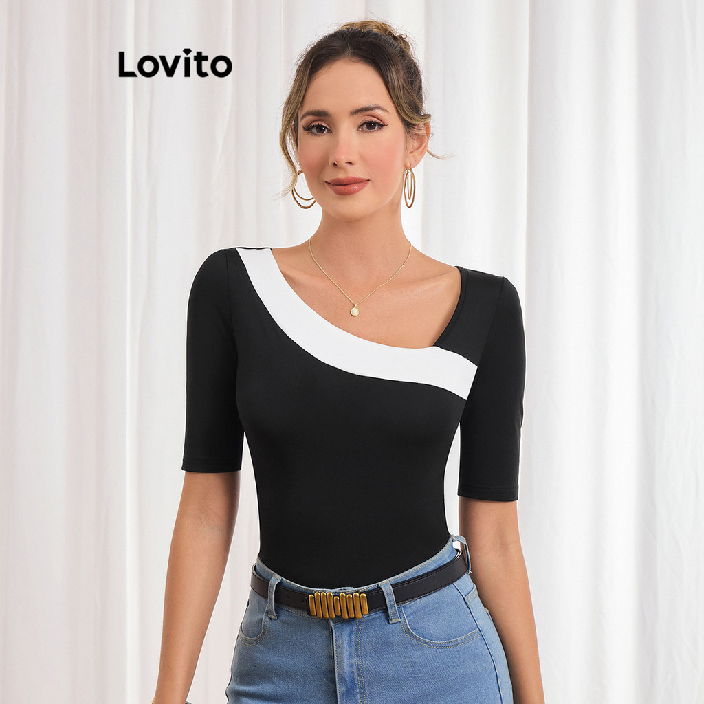 Lovito Camiseta feminina elegante com gola contrastante e lisa LBL21069 - Women Clothes