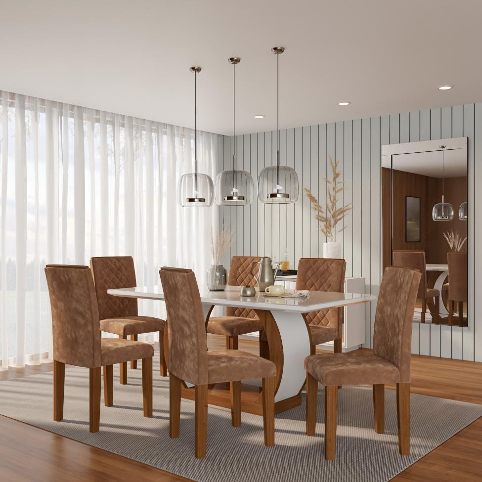 Conjunto de Mesa de Jantar com 6 Cadeiras Estofadas Sienna Animalle Off White e Chocolate