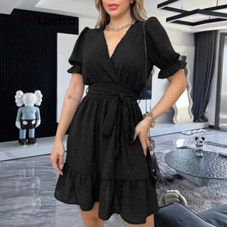 Lovito Vestido Jacquard Elegante Com Babados Lisos Para Mulheres LBL07204