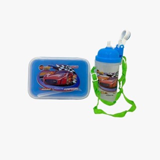 Pote Marmita Lancheira Azul Infantil Carro com Garrafa 400ml de Água Suco + Colher
