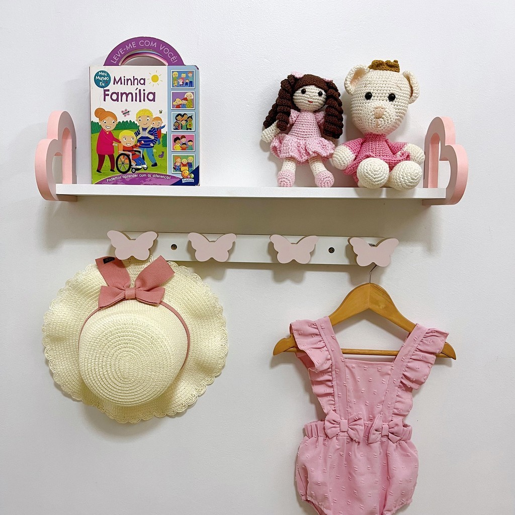 1 Prateleira coração rosa 60cm e 1 cabideiro formas infantil em Oferta na Shopee