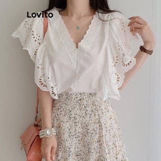 Lovito Blusa Feminina Casual Com Costura Em Tecido Liso E Bordado Com Ilhós LNE44285