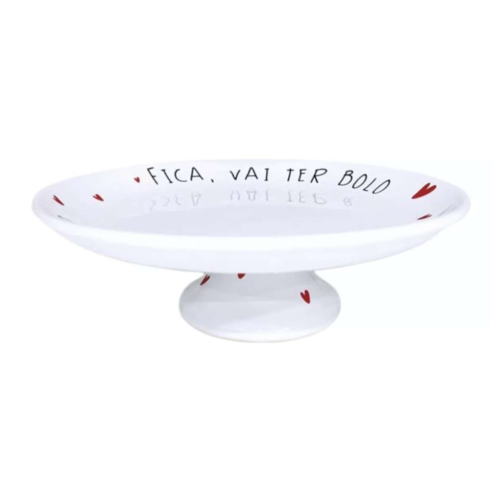 Boleira Prato De Bolo Com Pé “Fica Vai Ter Bolo” Cerâmica Grande 29cm