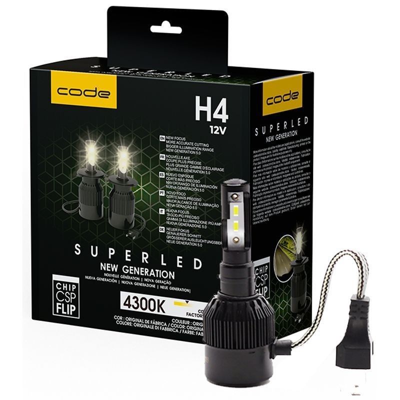 Lampada Super Led H4 4300K 6400 Lumens Code New Generation 24W Corte Preciso Maior Alcance com chip CSP FLIP - Spare Parts and Accessories for Vehicles