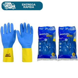 Kit 2 Prs Luva De Látex Neoprene Bicolor Slim Proteção Química Limpeza Multiuso Azul e Amarela Segurança Epi Volk em Oferta na Shopee