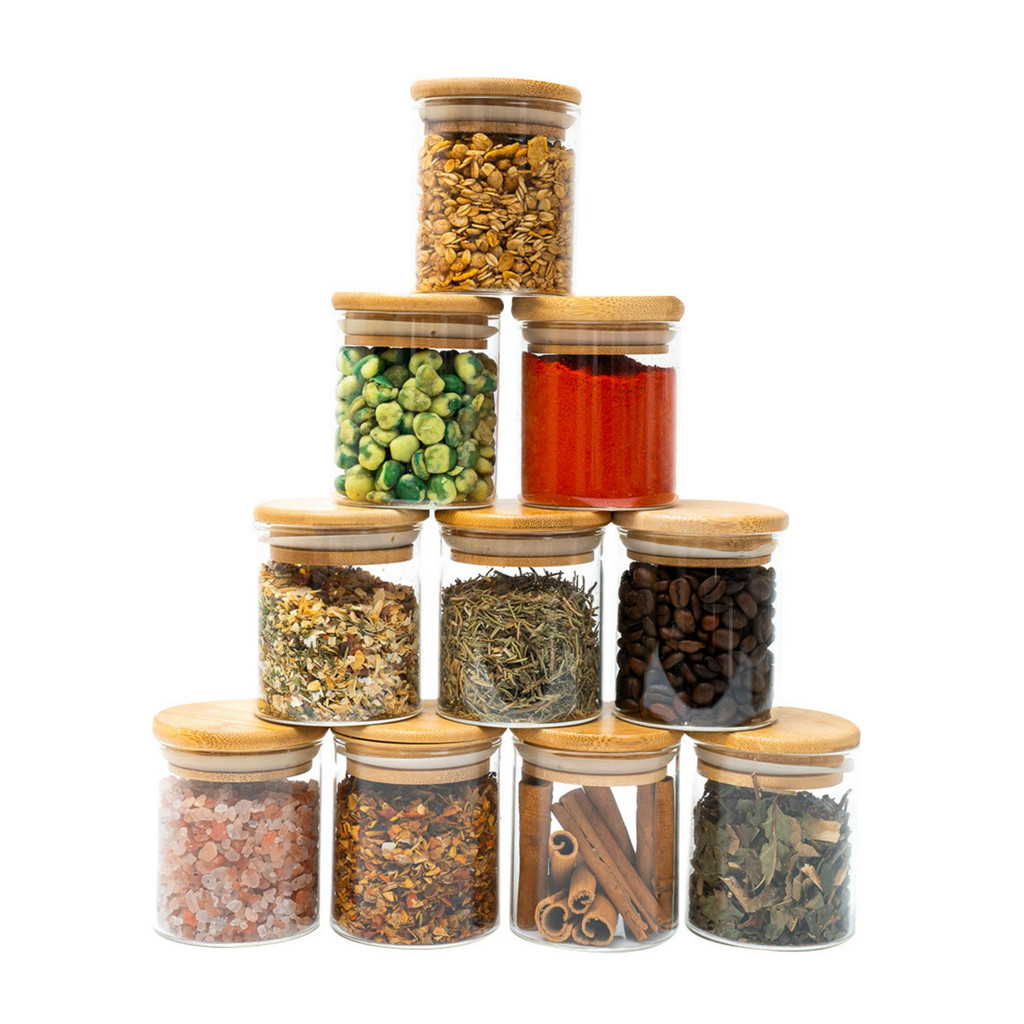 Kit 10 potes de vidro 200ml tampa de bambu herméticos redondos - Tud em Oferta na Shopee