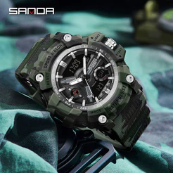 Sanda Camuflagem Militar Multifuncional Trendy E Anti Drop Outdoor Luminous Men Watch SD3355-6