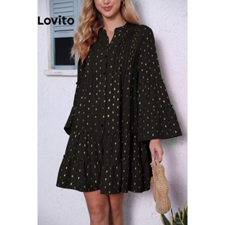 Lovito Vestido elegante com bolinhas e botões plissados para mulheres LNL56287