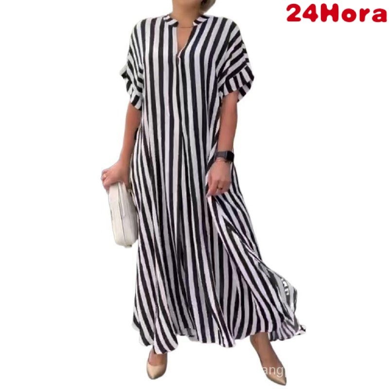 Vestido longo plus size casual de manga curta com decote em V para mulher