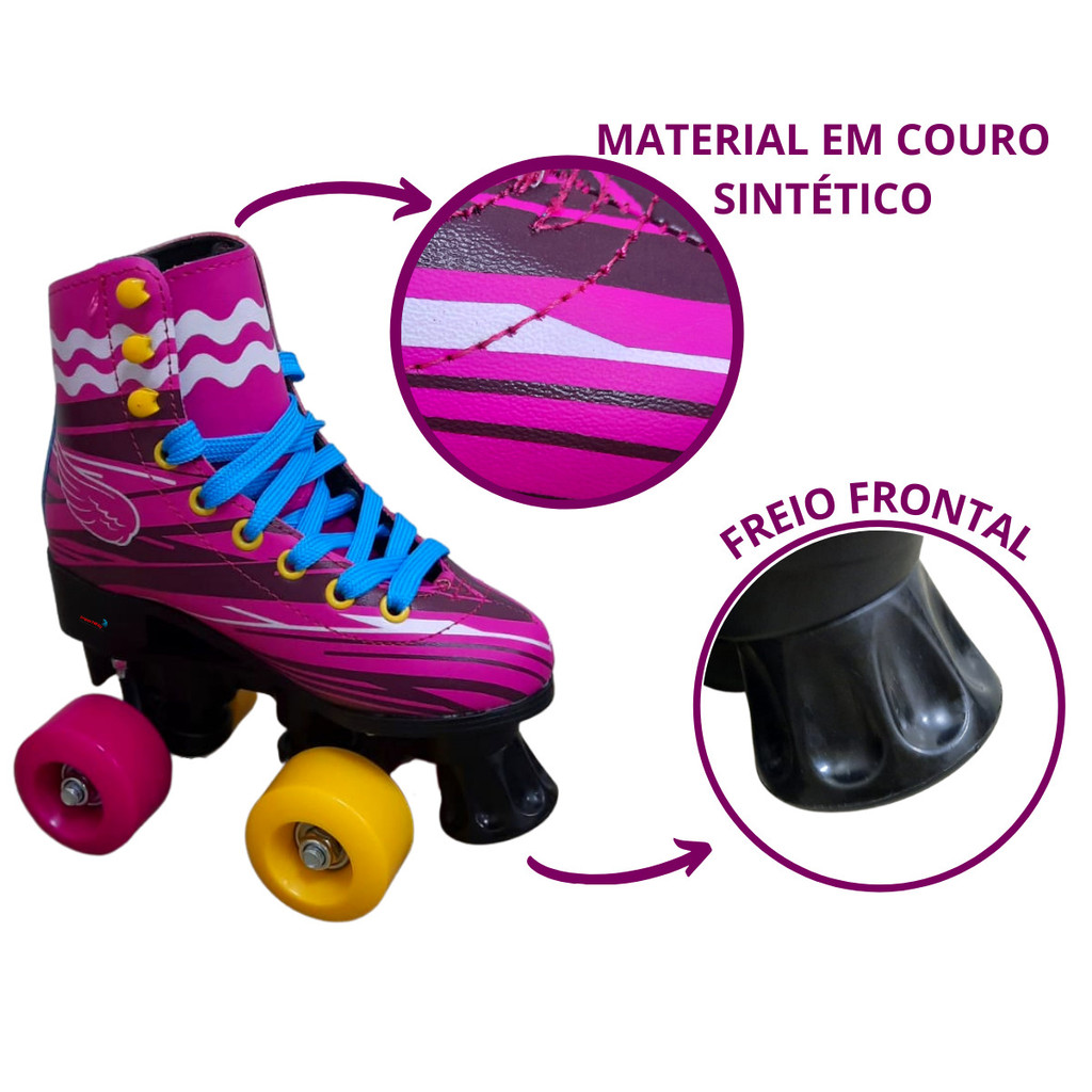 Patins 4 Rodas Infantil Menino Menina Rosa Roller Tamanho 32 a 33 Com Kit Proteção Importway