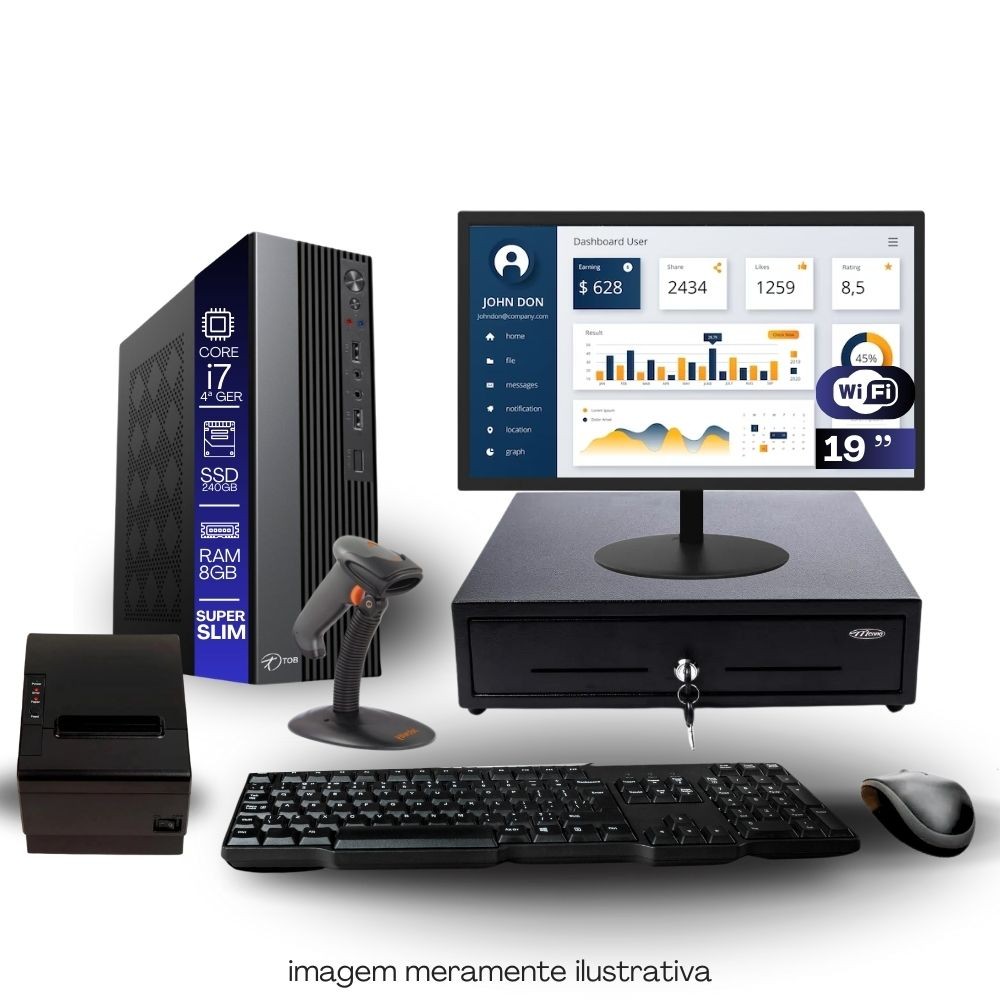 Kit PDV TOB i7 4ªG 8GB SSD 240GB Win11 Rede S/Fio Teclado Mouse Monitor 19" Gvt. Dinheiro  Imp Térmica Leitor Cód Barras