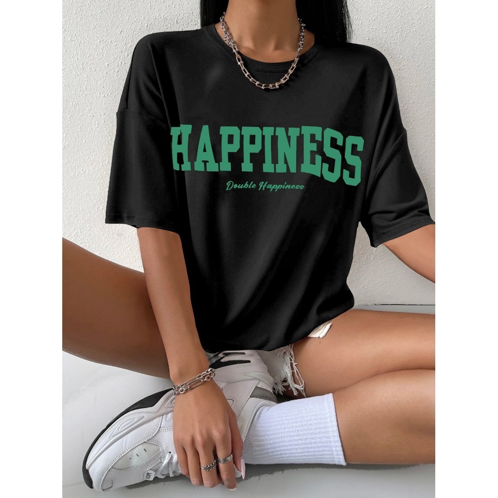 Blusa Unissex Oversized Camiseta Plus Size Estampa Camiseta Happiness Feliz Dupla T Shirt Academia