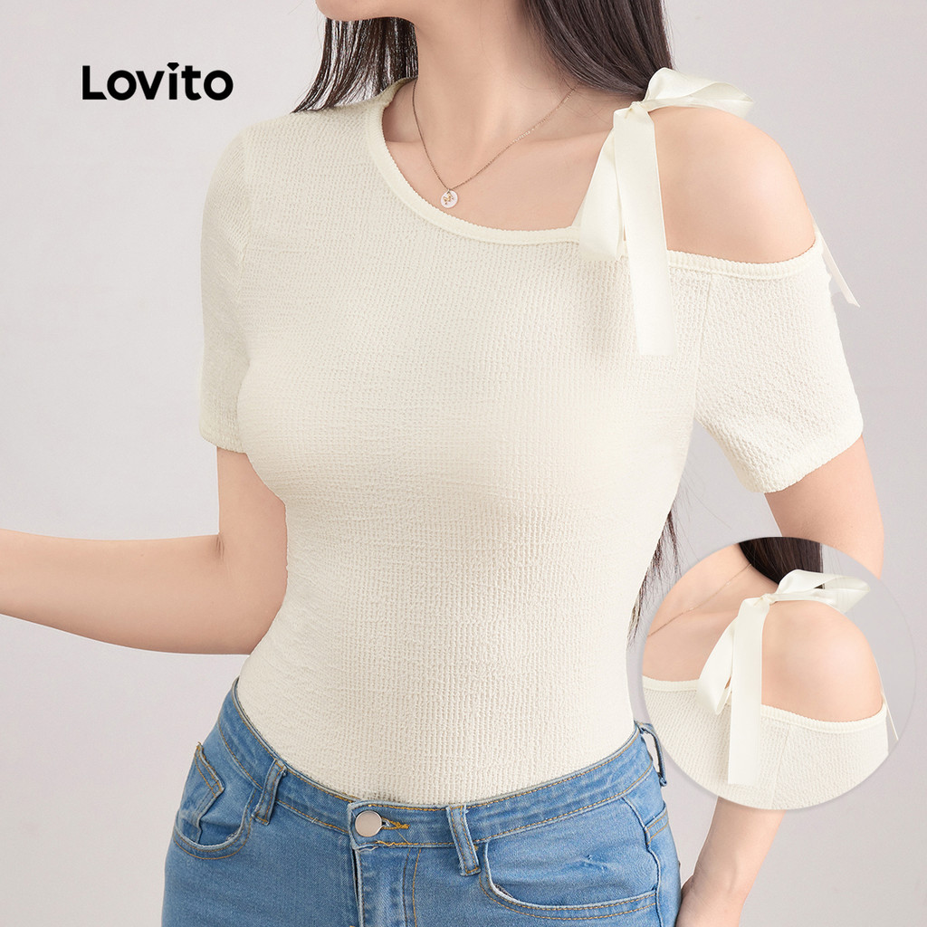Lovito Camiseta casual lisa com ombros descobertos e laço para mulheres L121AD1112 - Women Clothes