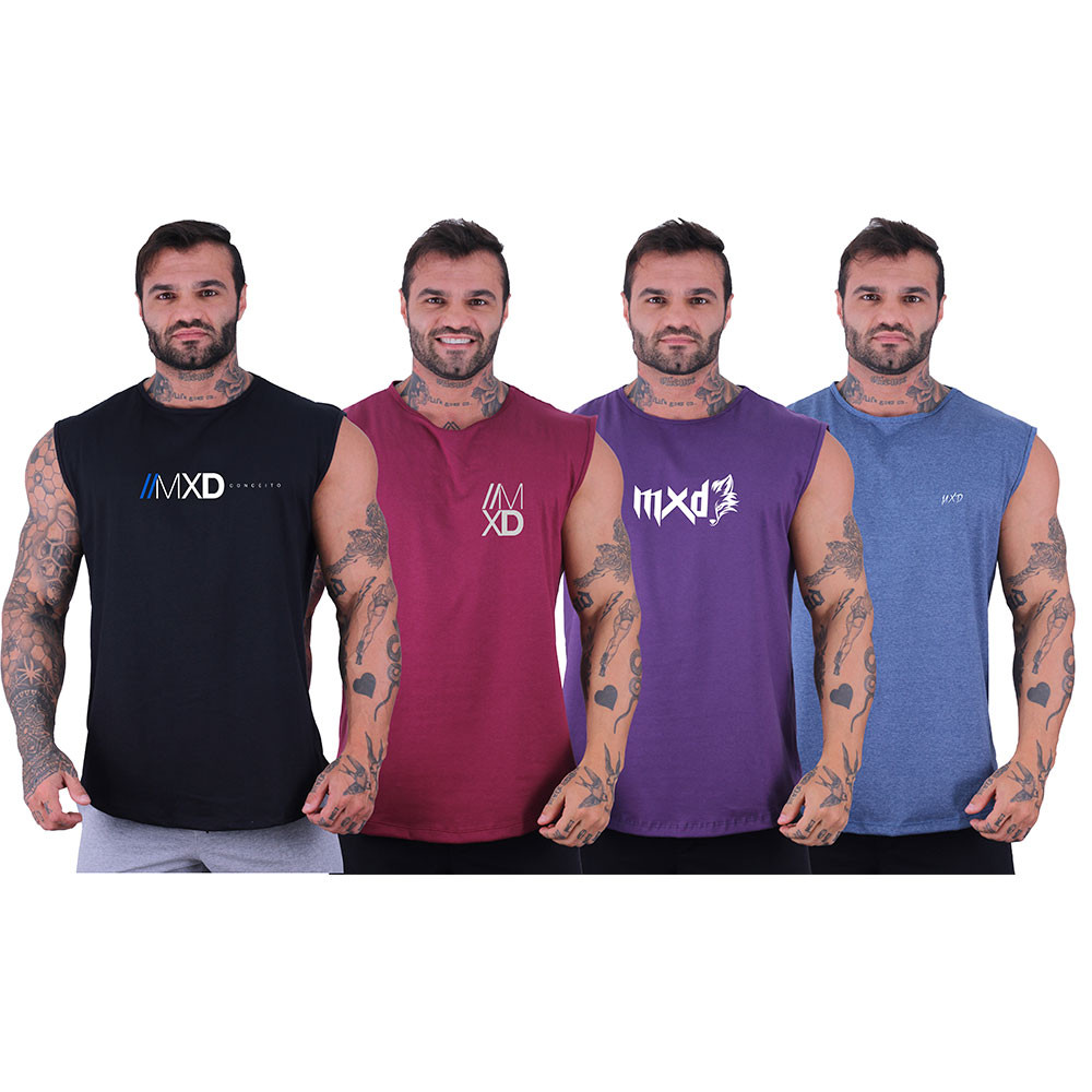 Kit 4 Regata Machão Longline Estilo Básico Logos Diversas MXD Conceito