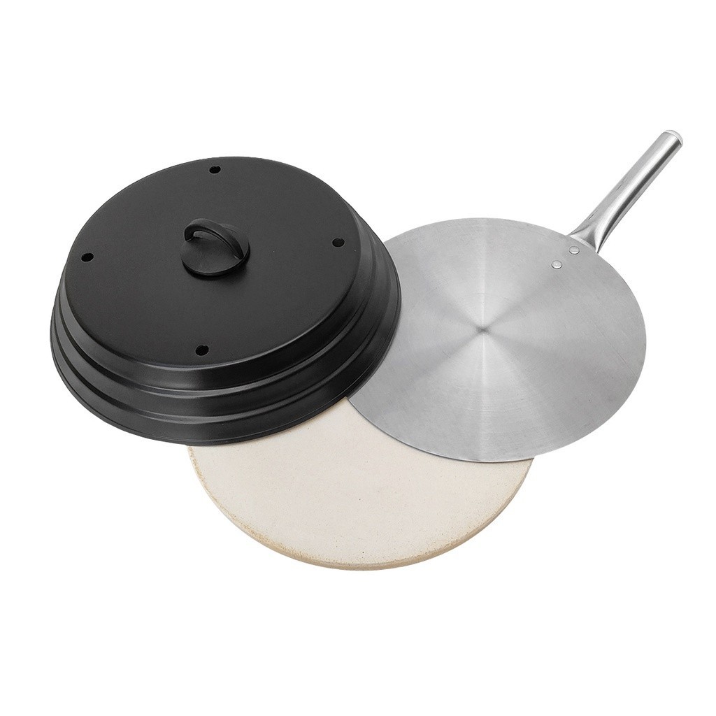 Kit Pizza Para Churrasqueira Com Pá de Pizza Alumínio, Pedra Refratária Redonda 37cm Abafador Preto Caseira Forno Fogão