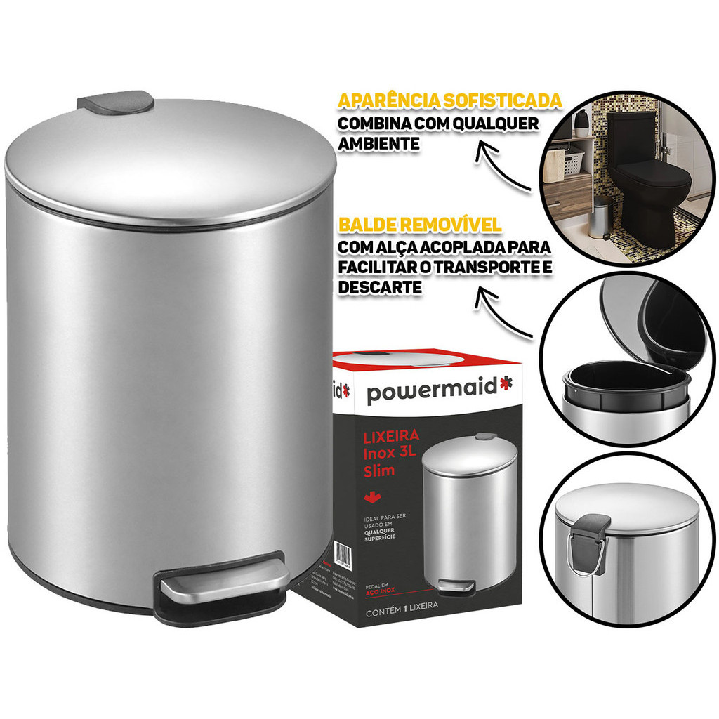 Lixo Lixeira 3 Litros Slim Compacta Aço Inox Balde Cesto Removível Alça Pedal Para Banheiro Escritório Lavabo Cozinha Fraldas Bebe Casa Restaurantes Pia em Oferta na Shopee