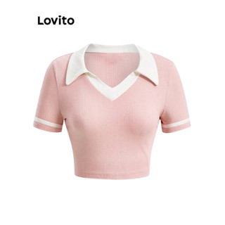 Lovito Casual Camiseta Jacquard com Detalhe de Bloco de Cores para Mulheres L80ED111