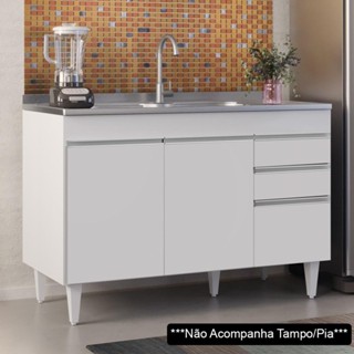 Balcão de Cozinha Para Pia 120cm sem Tampo 3 Portas 2 Gavetas Michigan Branco - Lumil em Oferta na Shopee
