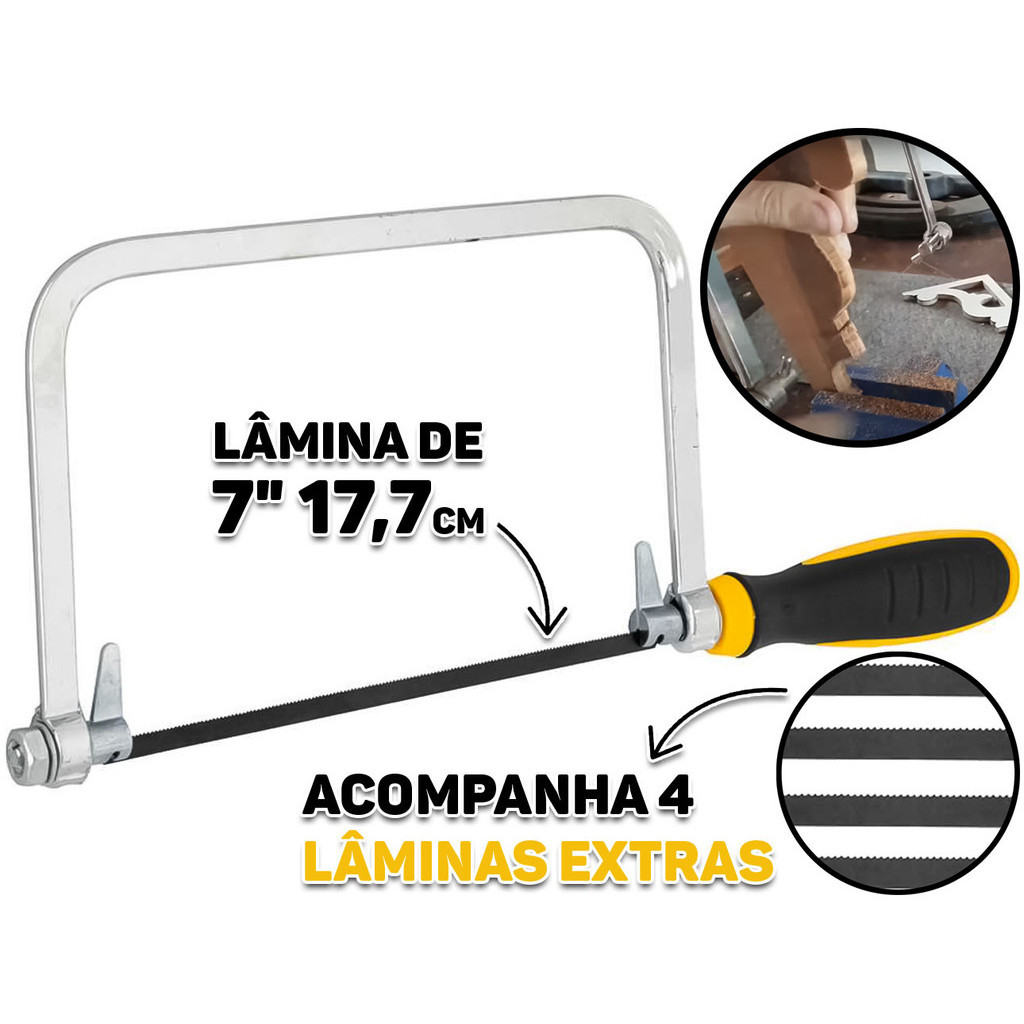 Arco Para Serra Tico Tico Aço Carbono Cabo Emborrachado 7 Polegadas Madeira Artesanato + 5 Lâminas em Oferta na Shopee
