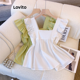 Lovito Blusa com Babado Simples Casual para Mulheres LNE36228 (Branco/Verde)