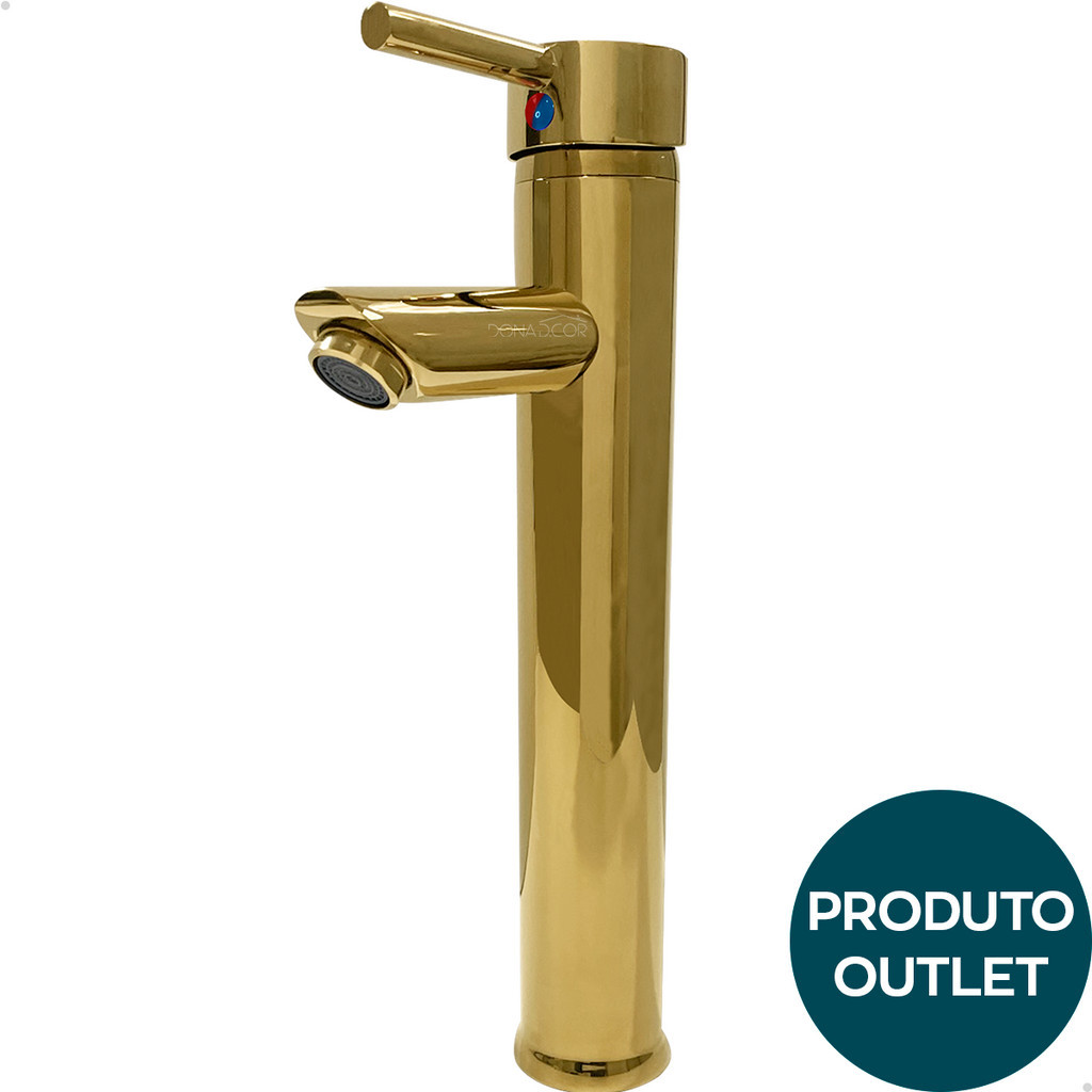 Torneira De Banheiro Dourada Bica Alta Inox Quente Fria Monocomando Outlet Cuba De Sobrepor Lavabo