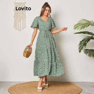 Lovito Boho Vestido Feminino Floral com Cinto e Camadas LBL08384