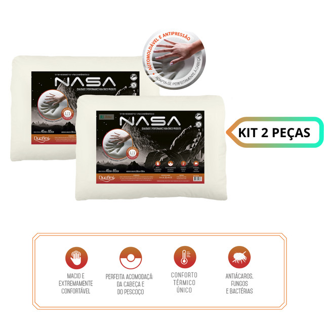 Kit 2 Travesseiros Nasa Baixo Duoflex 45x65x10 - Espuma Viscoelástica - Facilita a Circulação - Proteção contra Antiácaros, fungos e bactérias