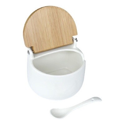 Saleiro  Porta Condimento De Mesa Em Porcelana Com Colher E  Tampa De Bambu