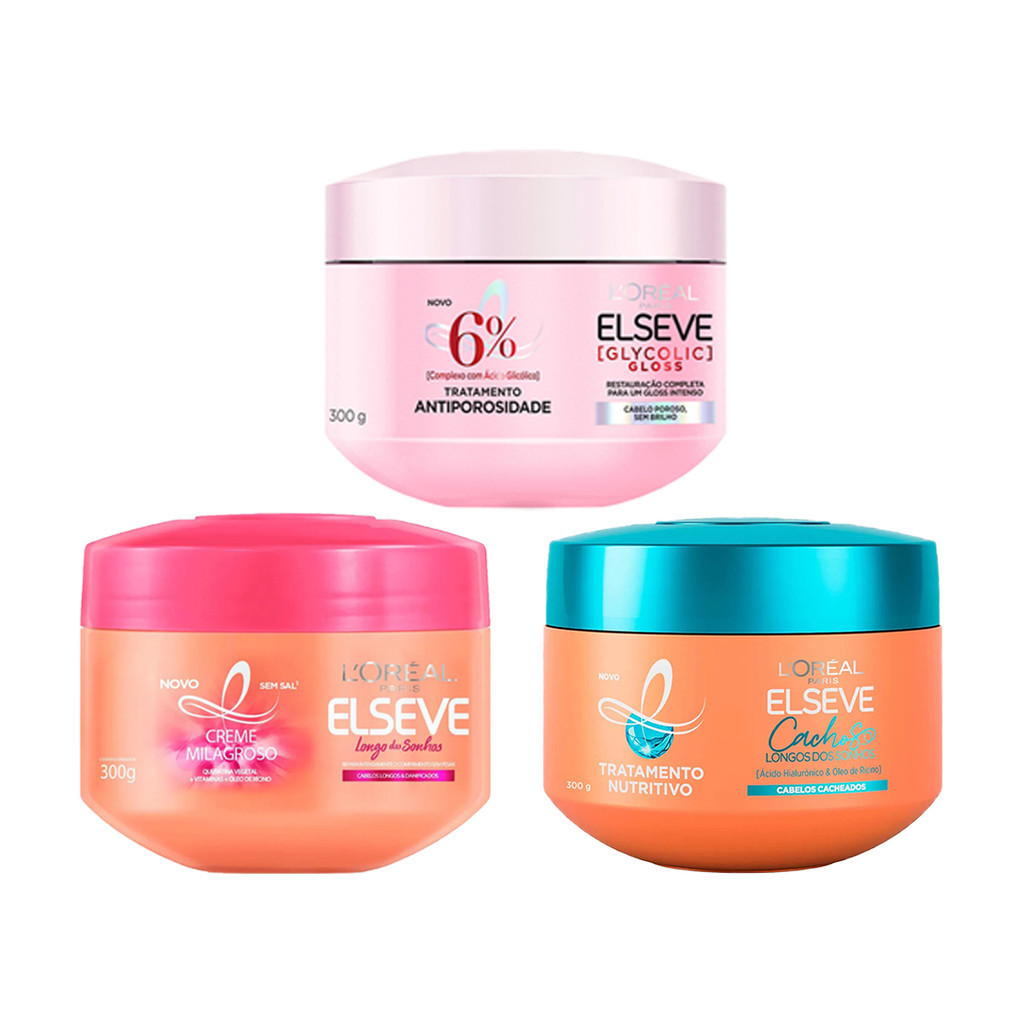 KIT C/3 MÁSCARA ELSEVE GLYCOLIC + CACHOS + LONGO DOS SONHOS em Oferta na Shopee