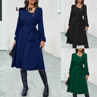Lovito Vestido feminino elegante liso assimétrico com botões LNL51246