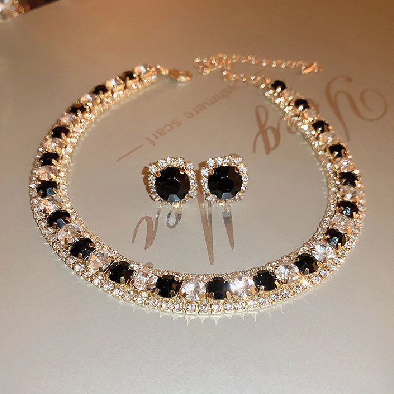 Colar De Cristal De Luxo Conjunto De Brincos Champagne Verde Azul Preto Para Casamentos Femininos Conjuntos De Jóias Festa De Casamento Acessórios — imagem 1
