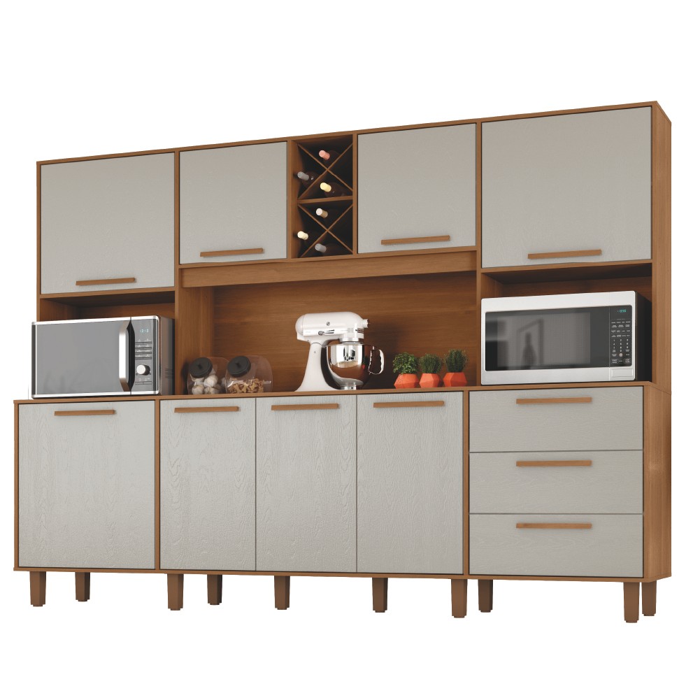 Armário De Cozinha Completa Com Adega 8 Portas 3 Gavetas Apollo Madeirado / Areia Zanzini - Home & Living