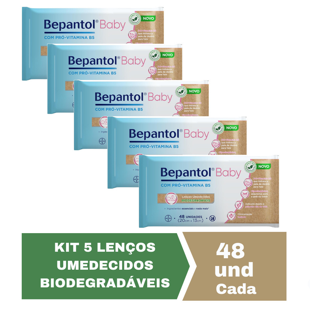 Kit com 5 Lenços Umedecidos Biodegradável 48un Cada Bepantol - Mom & Baby