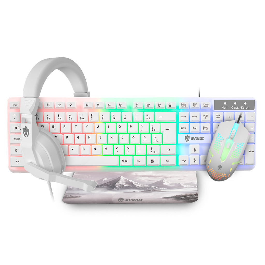 Kit Gamer Branco,Teclado,Mouse, Headset e Mousepad, LED Rainbow, ABNT2