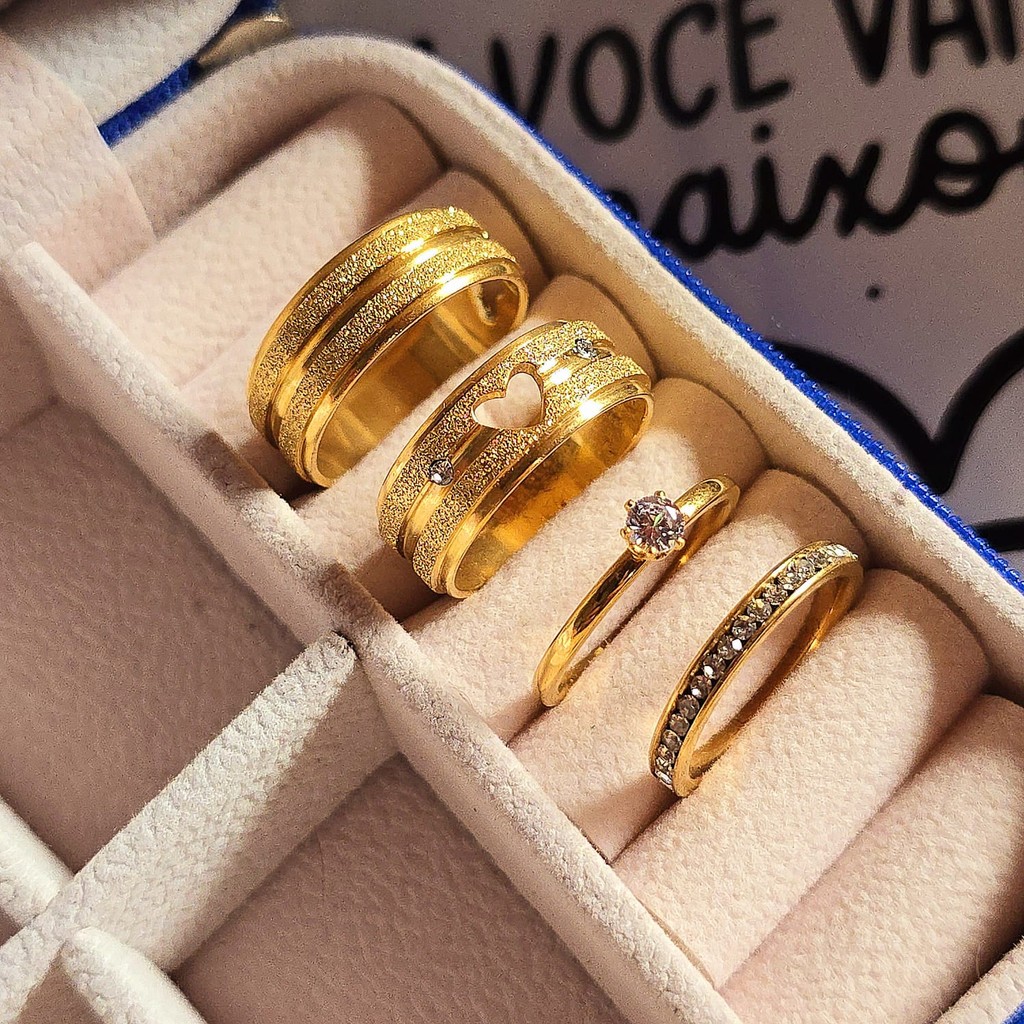 Kit aliança de casamento sem e com coração vazado 8mm banhado moeda antiga + gravação + aparador + anel (COD-123)