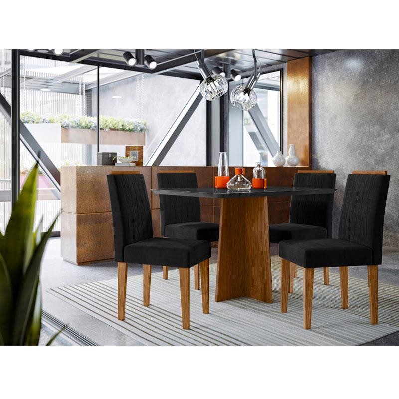 Mesa de Jantar Ambiente Anitta 120x80 cm com Vidro Ype Preto e 4 Cadeiras Ana Veludo Preto – New Ceval