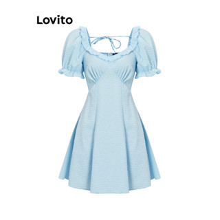 Lovito Vestido Casual Drapeado Com Acabamento Em Alface Lisa Para Mulheres L76AD142