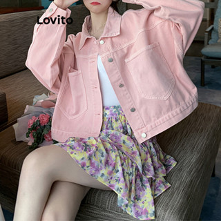 Lovito Casual Jaqueta Jeans Feminina Lisa com Botão e Bolso LNA29092 (Rosa)