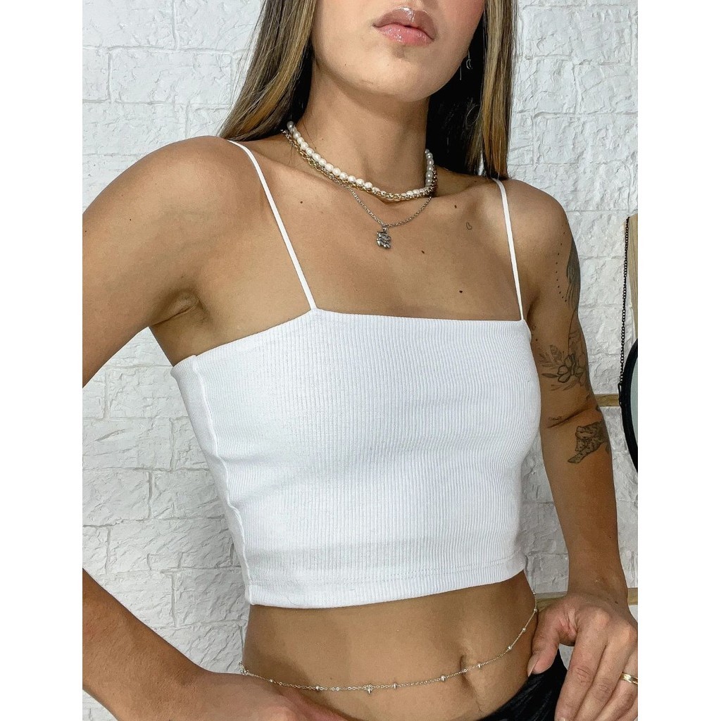 Kit 2 Cropped Feminino Zara Alcinha Top faixa Canelado Top Alça Fina Cropped Ribana Forrado Preto Branco em Oferta na Shopee