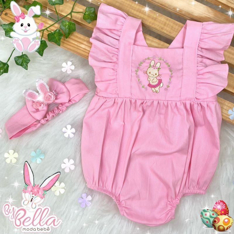 JARDINEIRA (2 anos) PIMPÃO INFANTIL BEBÊ  COELHINHA PÁSCOA ROSA + TIARA + ORELHINHAS
