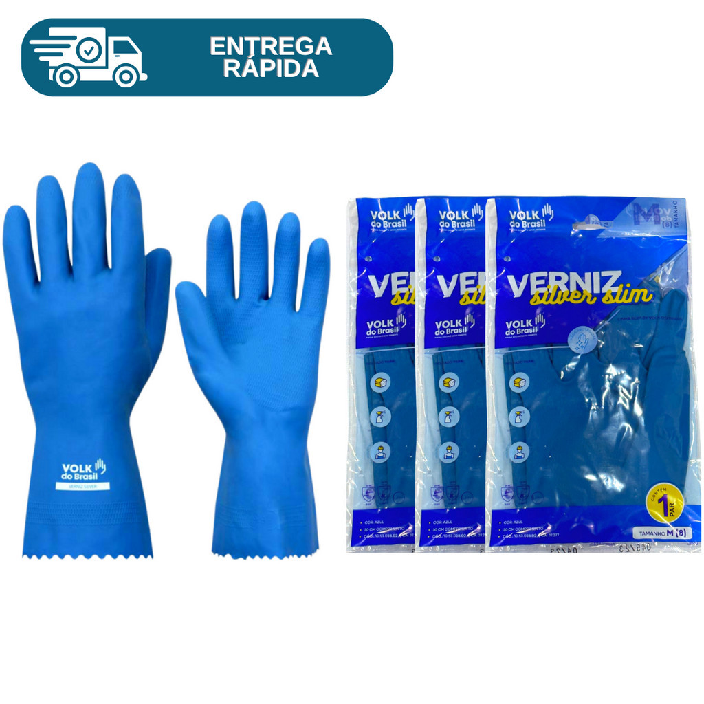 Kit 3 Prs Luva De Latex Natural Verniz Silver Slim Azul Antialérgica Volk Para Limpeza Lavar Louça Proteção Epi em Oferta na Shopee