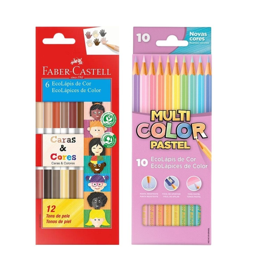 Kit Lápis De Cor 6 Lápis Bicolor Tons De Pele + 10 Tons Pastéis Multicolor