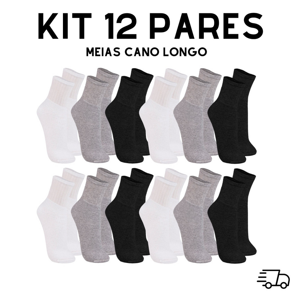 Kit 12 Pares de Meia Cano Alto em Oferta na Shopee