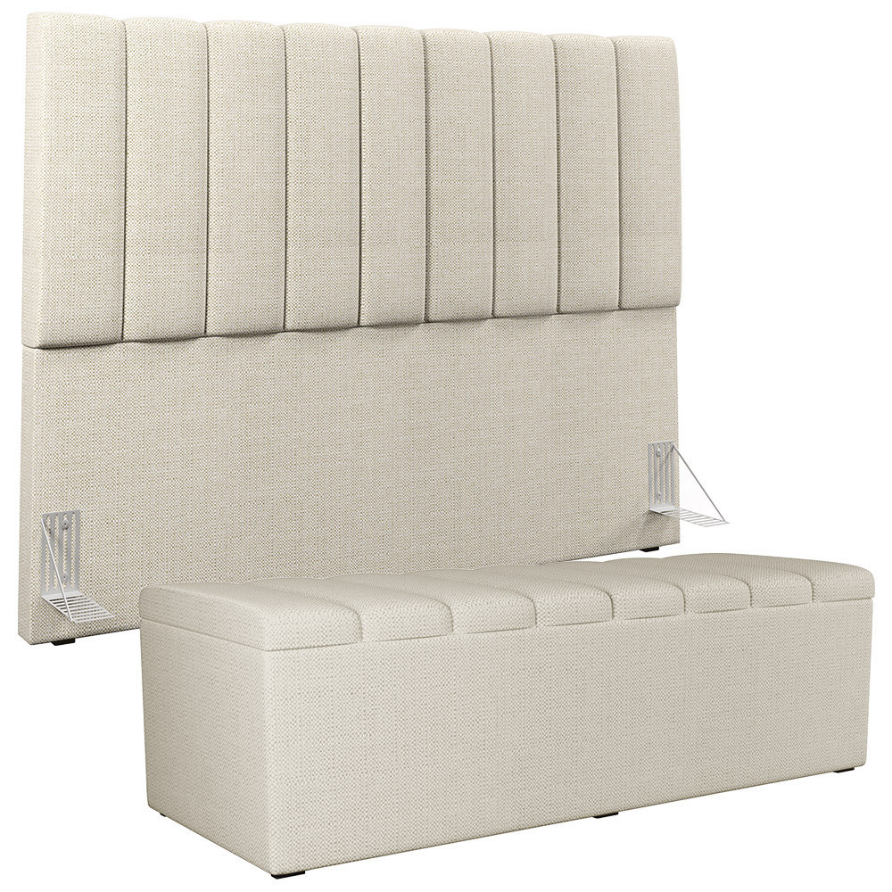 Kit Cabeceira Cama Box Queen 160cm Com Calçadeira Baú Dália W01 Linho Champagne - Lyam Decor
