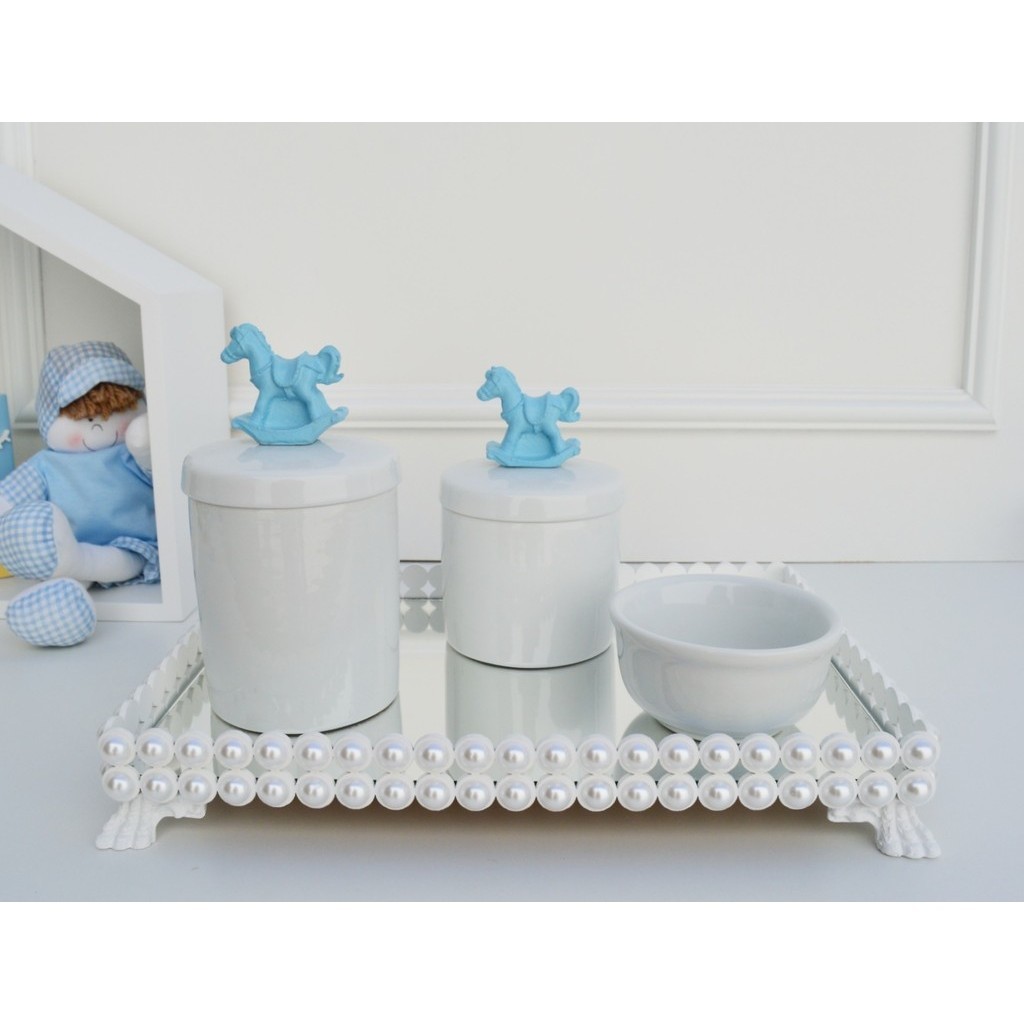 Kit Higiene Bebê Azul Porcelana Bandeja Pérola Potes Banho Cuidado